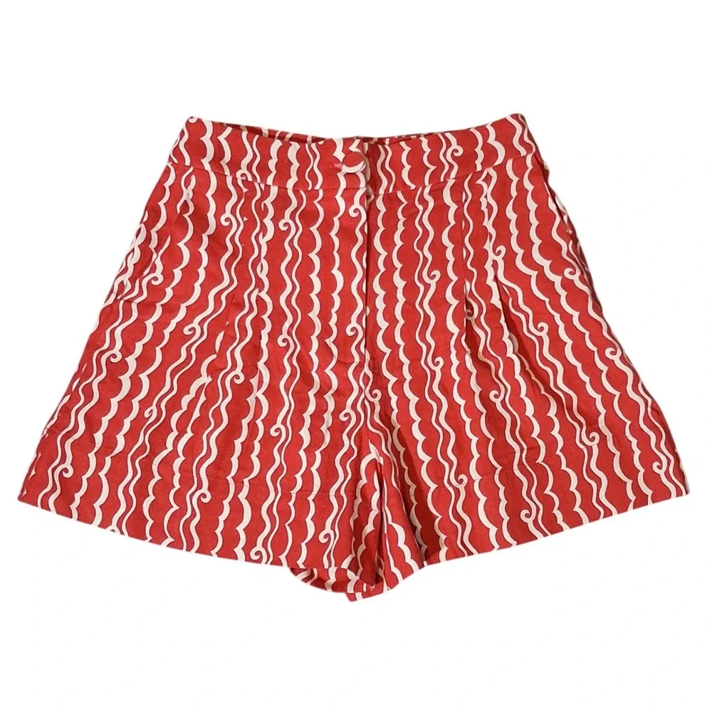 NWT Dress To Red Atlantica Side Pockets Pleats Bermuda Shorts S High Waist Linen